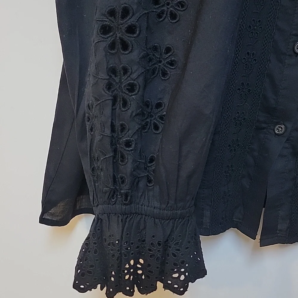 J. Crew Black Eyelet Lace-Trim Button Front Blouse - Picture 9 of 12